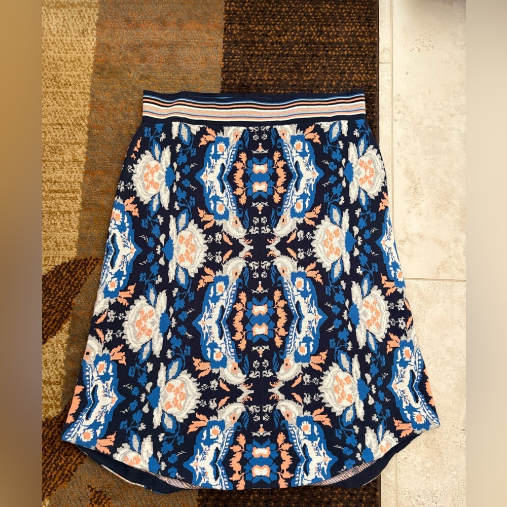 Moth Navy Floral A-Line Skirt with Peach & White Accents